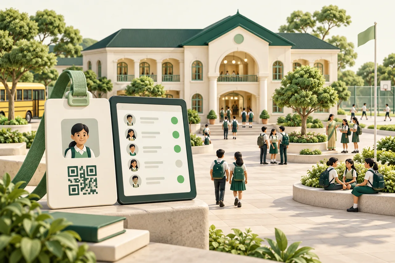 Concept illustration of an Indian school campus with students and staff arriving