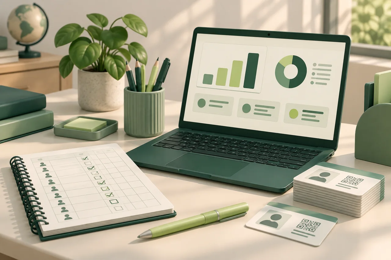 Concept illustration of a school office using SchoolSync on a laptop