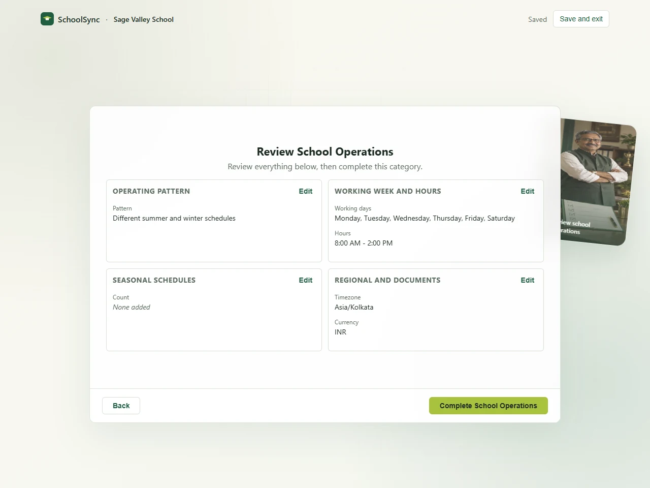 SchoolSync review setup: Review the operating pattern, working week, hours and regional settings.