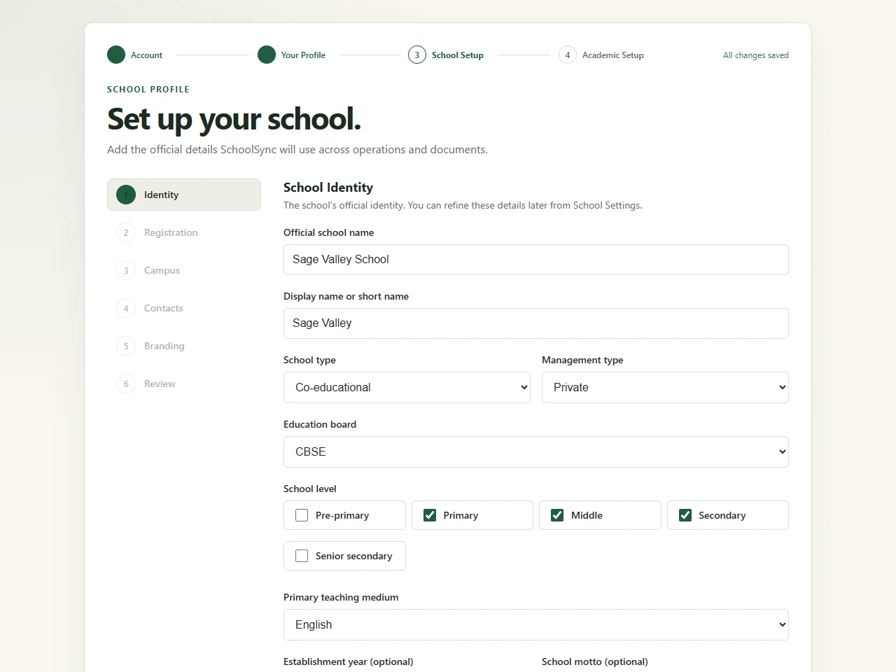 SchoolSync School Identity form with school name, school code, type and board, using fictional Sage Valley School data