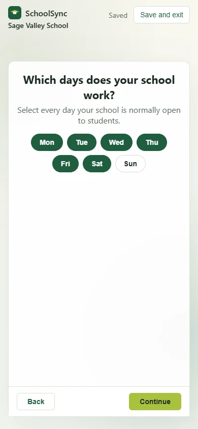 SchoolSync working-week question on a mobile screen
